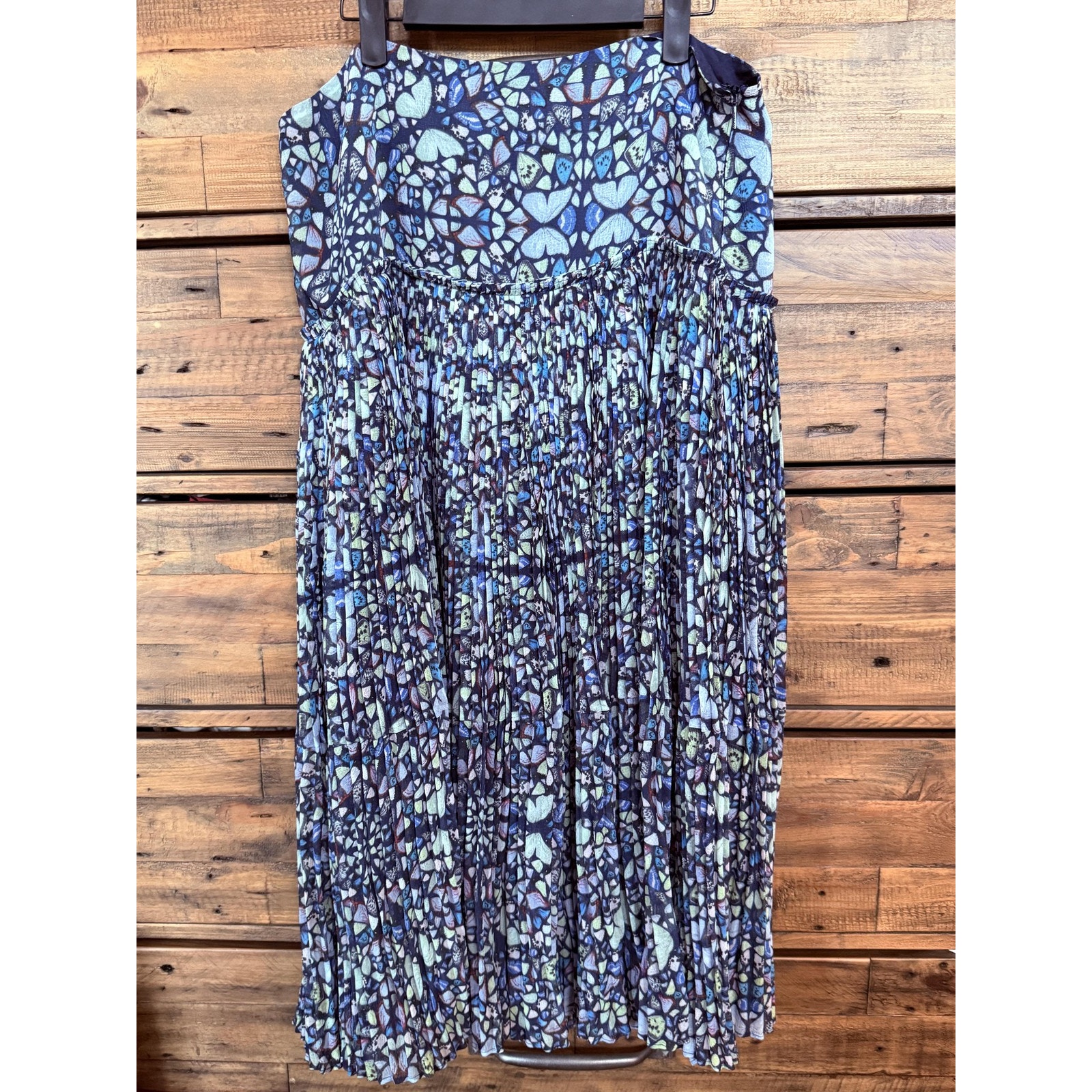 Ted Baker Skirt Womens Sz 5-Uk Blue Corrugated Pleat Midi Lailah Butterfly Print